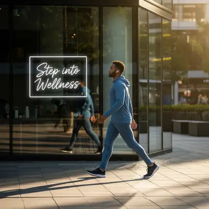 A person in sporty attire walks past a glass building where “Step into Wellness” glows—reflecting movement and motivation